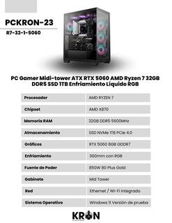 Foto 2 | Foto 2 | Pc Gamer Midi-tower Atx Rtx 5060 Amd Ryzen 7 32gb Ddr5 Ssd 1tb Enfriamiento Líquido Rgb