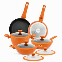 Batería De Cocina Ready Cook Aluminio Antiadherente Tipo Mármol Tapa Con Válvula De Vapor 10 Pzas