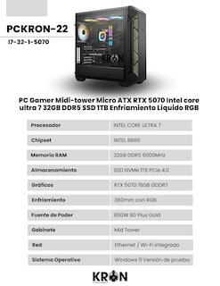 Foto 2 | Foto 2 | Pc Gamer Midi-tower Micro Atx Rtx 5070 Intel Core Ultra 7 32gb Ddr5 Ssd 1tb Enfriamiento Líquido Rgb