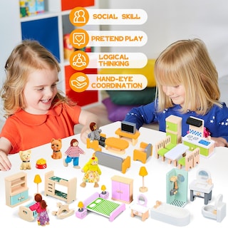 Foto 7 | Foto 7 | Juego De Muebles De Madera Para Casas De Muñecas Hapgfs 36 Piezas Con 4 Muñecas - Venta Internacional.