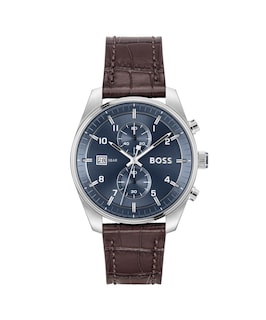 Foto 1 | Foto 1 | Reloj Para Hombre Boss Skytraveller 1514194 Acero Inoxidable Con Correa De Piel Café Y Carátula Azul 44 Mm