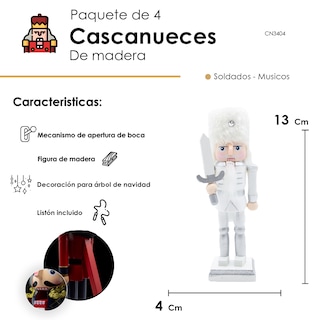 Foto 2 | Foto 2 | Set 4 Cascanueces De Madera 13cm Blanco Y Plateado Navideños