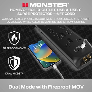 Foto 6 | Foto 6 | Protector De Sobretensiones Monster Negro Cable De 6 Pies 10 Salidas 2 Puertos Usb Ideal Para Dispos