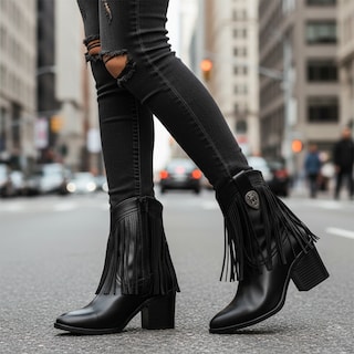 Foto 6 | Foto 6 | Botas Botines Vaqueros Negros Para Mujer Juvenil Con Flecos Y Hebilla Metálica Estilo Western Urbano