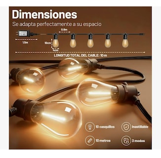 Foto 2 | Foto 2 | Guirnalda De Luces Exterior Vintage Impermeable 10m 3 Modos