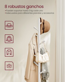 Foto 6 | Foto 6 | Vasagle Perchero De Madera Maciza Perchero De Pie Con 8 Ganchos Para Abrigo Blanco