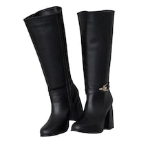 Bota Alta De Mujer En Piel Sintética Negra Con Tacón Cuadrado Y Hebilla Decorativa
