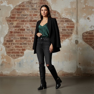 Foto 5 | Foto 5 | Bota Alta De Mujer En Piel Sintética Negra Con Tacón Cuadrado Y Hebilla Decorativa