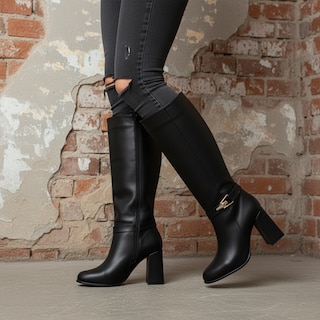 Foto 7 | Foto 7 | Bota Alta De Mujer En Piel Sintética Negra Con Tacón Cuadrado Y Hebilla Decorativa