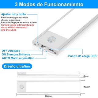 Foto 2 | Foto 2 | Sunsign Led Luz Con Sensor De Movimiento Paquete De 2 40 Led Inalámbricas Recargables Lámpara Armario 1000 Mah 3 Temperaturas