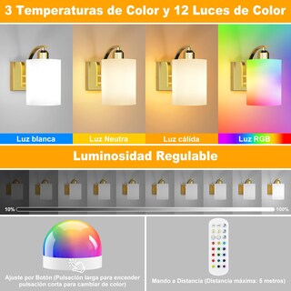 Foto 3 | Foto 3 | Kuaeay Juego De 2 Lámparas De Pared Inalámbricas Con Foco Recargables Luces Led Y Rgb Con Control Remoto Apliques De Pared De
