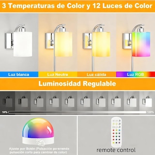 Foto 3 | Foto 3 | Kuaeay Juego De 2 Lámparas De Pared Inalámbricas Con Foco Recargables Luces Led Y Rgb Con Control Remoto Apliques De Pared De