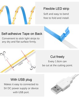 Foto 5 | Foto 5 | Alitove - Tira De Luz Led Usb Cob De 5 V 6.56 Pies/2 M 640 Ledes Uniforme Luz Led Cob Luz Blanca Natrual 4000 K Cri 85+ Ci