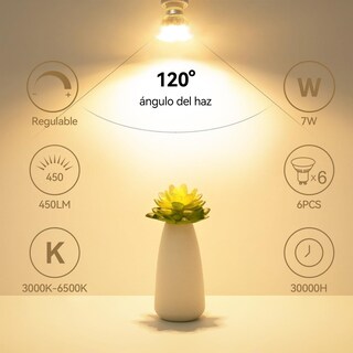 Foto 3 | Foto 3 | Gu10 Foco Led Bombilla Paquete De 6 Regulable Luz Blanca/cálida/neutra 7w Equivalente A 50w 450lm Recambio De Luz De Foco Para