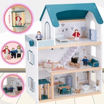 Casa De Muñecas De Madera Grande Con Elevador | 3 Pisos Y 29 Piezas Con Muebles Y Muñecos | Juguete Educativo Montessori Para Ni