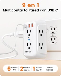 Foto 2 | Foto 2 | Lencent Cargador De Pared Con Usb Carga Rápida 1875w Protector De Sobretensión 6 Salidas+ 2 Puertos Qc3.0 + 1 Pd20w Multicont