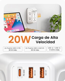 Foto 3 | Foto 3 | Lencent Cargador De Pared Con Usb Carga Rápida 1875w Protector De Sobretensión 6 Salidas+ 2 Puertos Qc3.0 + 1 Pd20w Multicont