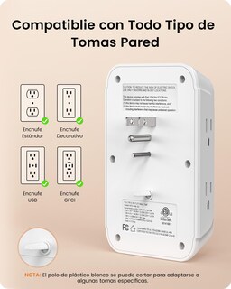 Foto 6 | Foto 6 | Lencent Cargador De Pared Con Usb Carga Rápida 1875w Protector De Sobretensión 6 Salidas+ 2 Puertos Qc3.0 + 1 Pd20w Multicont