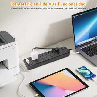 Foto 4 | Foto 4 | Regleta Multicontacto 16 En 1 Con Protección Contra Sobretensiones 1.8m Extensión Eléctrica 12 Tomas + 4 Usb (2 Usb-c) Multic