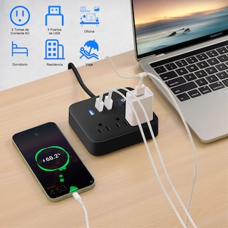 Foto 3 | Foto 3 | Lostrain Regleta De Alimentación multicontactos Usb Con 3 Ca(10a) Y 3 Usb A Protector Contra Sobretensiones 1.2m 6 En 1 Conector