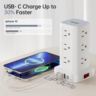 Foto 6 | Foto 6 | Smallrt Regleta De Alimentación Contra Sobretensiones 10ft 4 Puertos Usb Regleta De 12 Salidas Con Toma De Cable Largo Usb Torre