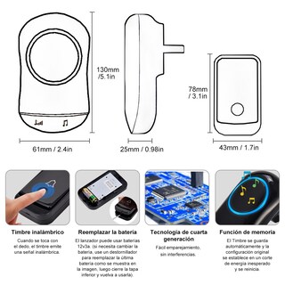 Foto 2 | Foto 2 | Tuqi Timbre Inalámbrico Para Casa Exterior 1 Transmisor Y 2 Receptor Botón Impermeable Ajustable Alcance A 300 Metros Con 52
