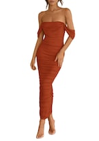 Vestido Prettygarden Para Mujer 2025 Verano Hombros Descubiertos Rojo Óxido - Venta Internacional.