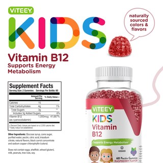 Foto 4 | Foto 4 | Gomitas Viteey Con Vitamina B12 Para Niños 1000 Mcg Frambuesa Veganas - Venta Internacional.