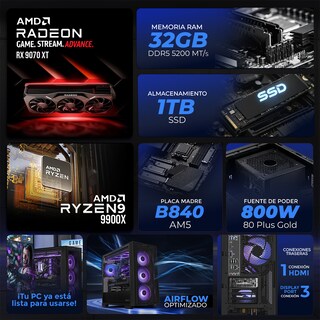 Foto 4 | Foto 4 | PC Gamer Completa con IA Xtreme PC Gaming RX 9070 XT Ryzen 9 9900X 32GB DDR5 SSD 1TB Monitor 31.5 Sistema Liquido