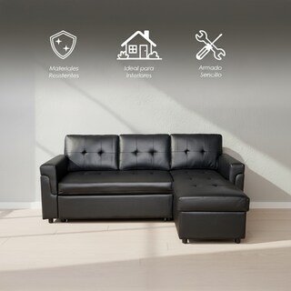 Foto 3 | Foto 3 | Sofá Cama Kairo Negro De Cuero Sintético Chaise Longue/cama Extraíble 3 Plazas Funcional Y Moderno Ilios Innova