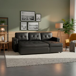 Foto 5 | Foto 5 | Sofá Cama Kairo Negro De Cuero Sintético Chaise Longue/cama Extraíble 3 Plazas Funcional Y Moderno Ilios Innova