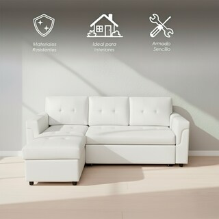 Foto 3 | Foto 3 | Sofá Cama Kairo Blanco De Cuero Sintético Chaise Longue/cama Extraíble 3 Plazas Funcional Y Moderno Ilios Innova