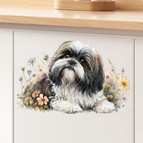 Adhesivo De Pared Con Forma De Perro Shih Tzu Con Flores Pvc Extraíble - Venta Internacional.