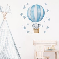 Adhesivo De Pared Con Diseño De Globo Aerostático Azul Con Dibujo Animado Y Elefante Durmiendo - Venta Internacional.