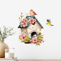 Adhesivo De Pared Con Acuarela Diseño Floral Y De Pájaros - Venta Internacional.