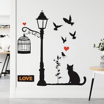 Adhesivo De Pared Con Dibujos Animados De Gatos Y Farolas Pájaros Jaula - Venta Internacional.