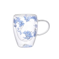 Taza De Cristal Transparente Con Flores Azules Preservadas 350 Ml Doble Pared - Venta Internacional.