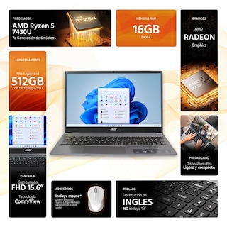 Foto 2 | Foto 2 | Laptop Acer Aspire Lite 15 Amd Ryzen 5 7430u 16gb Ram 512gb Ssd 15.6'' Windows 11 Home Teclado En Ingles + Mouse Dxt