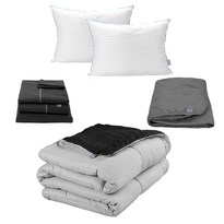 Edredón Rogga Dos Vistas Negro y Gris Perla Queen Size + Protector Rogga + Sábanas Royal + Almohada Royal Twin