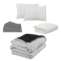 Edredón Doble Vista Rogga Negroy Gris Perla Matrimonial + Protector Ultra + Sábanas Basic + Almohada Frosty2