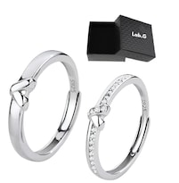 2 Anillos Parejas Compromiso Color Ajustable Corazon Medio Plata Labg