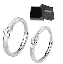 2 Anillos Parejas Compromiso Color Ajustable Corazon Medio Plata Belug