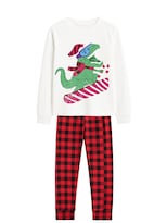 Pijama Para Niño Zyro Kids 12303 Dino Snowboarder Manga Larga Blanca Con Pantalón Cuadros Rojo