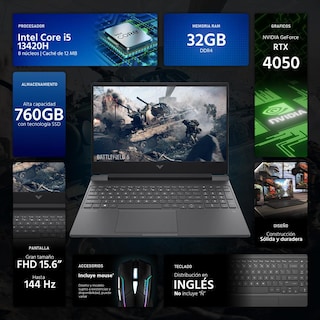 Foto 2 | Foto 2 | Laptop Gamer Hp Victus Nvidia Geforce Rtx 4050 Intel Core I5 13420h 32gb Ram 760gb Ssd 15.6'' Teclado En Ingles Mouse Dxt