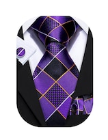Conjunto De Corbata Barry.wang Formal En Cuadros Púrpura Real Para Hombre - Venta Internacional.