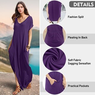 Foto 4 | Foto 4 | Vestido A Juego Con Cuello En V Casual Holgado Manga Corta Maxi Con Bolsillo - Venta Internacional.