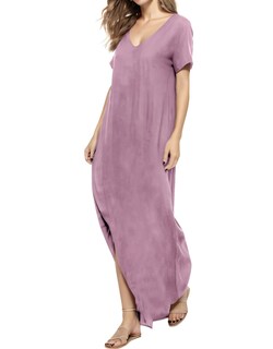 Foto 1 | Foto 1 | Vestido A Juego Con Cuello En V Casual Holgado Manga Corta Maxi Con Bolsillo - Venta Internacional.