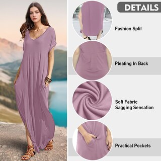 Foto 4 | Foto 4 | Vestido A Juego Con Cuello En V Casual Holgado Manga Corta Maxi Con Bolsillo - Venta Internacional.