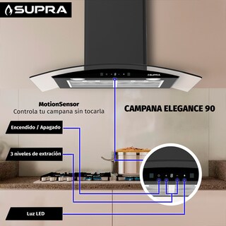 Foto 7 | Foto 7 | Campana Básica De Pared Cristal Curvo Supra De 90cm Color Negra