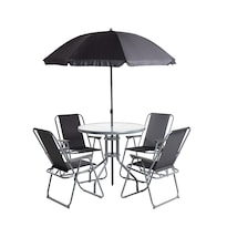 Comedor De Exterior Jardín 6 Piezas Negro Ilios Innova Mesa Vidrio Templado 4 Sillas Plegables Y Sombrilla Resistente